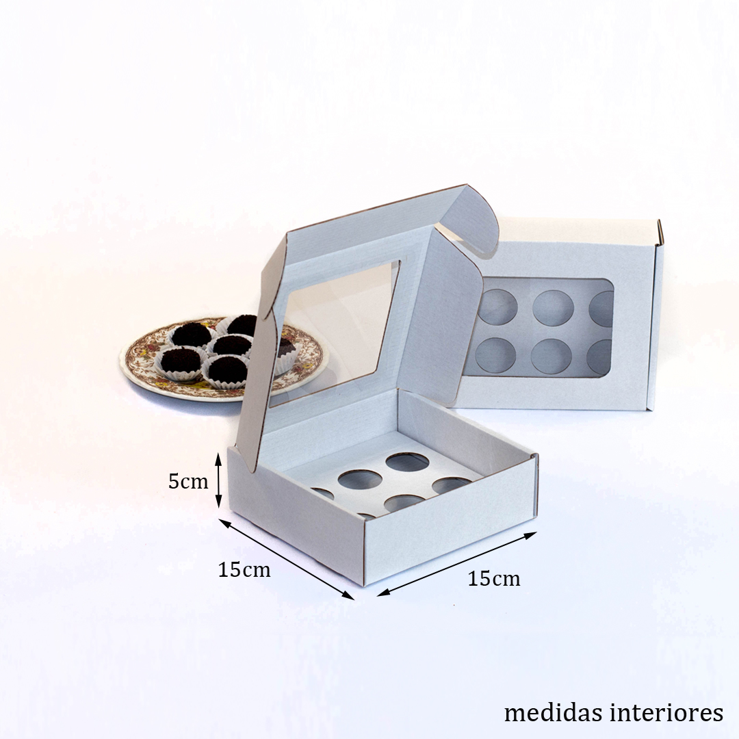 Caixa para 6 brigadeiros Branca com Janela e Divisórias (Pack com 5unid)